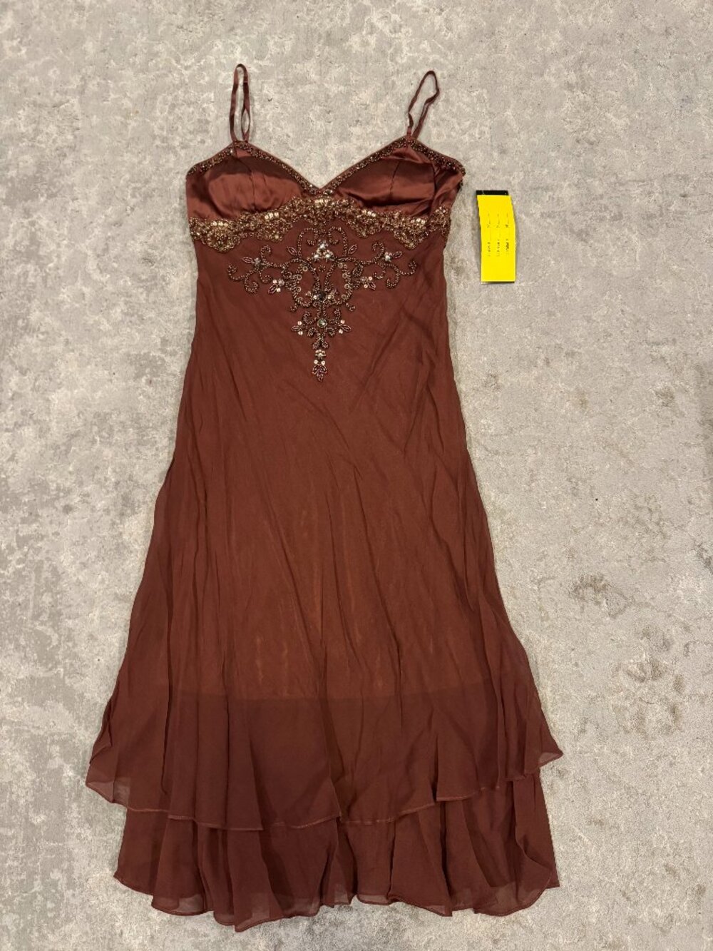 Sue Wong Dress Y2K Sexy Beaded 48 Cocktail Brown Chocolate Midi SILK Copper New - Picture 2 of 16